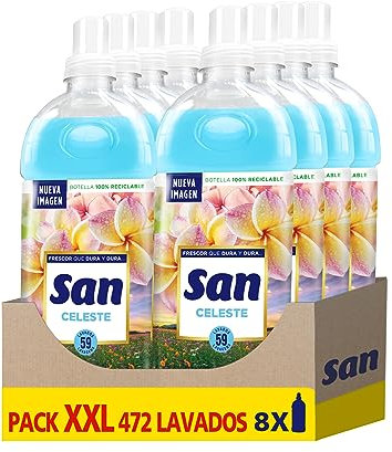 SAN | Suavizante Ropa Lavadora Líquido Concentrado | Fragancia Duradera Celeste | Pack de 8 x 59 Lavados = 472 Dosis