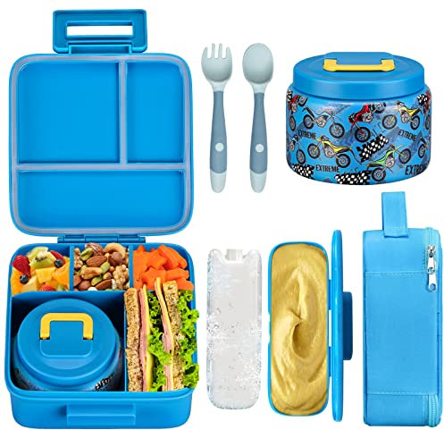 JXXM Bento-Lunchbox für Kinder mit 237 ml Suppen-Thermos, auslaufsichere Lunch-Fach-Behälter mit 3 Fächern, Bento-Box, Thermos-Lebensmittelglas und Lunch-Tasche, BPA-frei, Schule, extreme Lokomotive