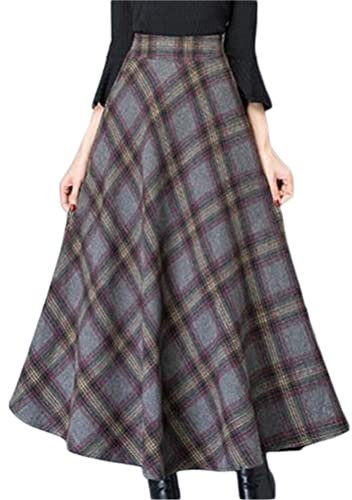Minetom Femme Jupe Longue Carreaux Vintage Taille Haute Classique Epais Souple pour Hiver Automne Plaid Maxi Jupe Tartan Jupe Longues A Gris Foncé L