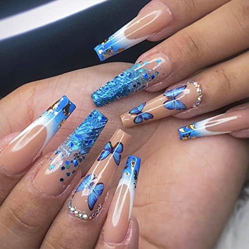 NICENEEDED Faux Ongles Papillon Bleu Ciel, Glossy Ballerina Glitter Appuyez Sur les Ongles, 24 pièces Faux Ongles Extra Longs avec des Autocollants de Colle à Ongles pour Femmes Filles Outil