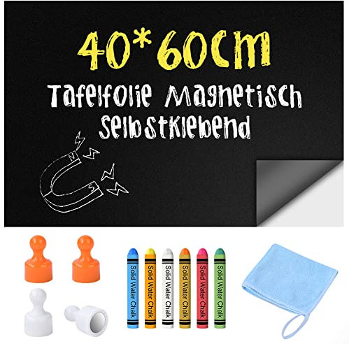 OFFCUP Tafelfolie Magnetisch, Kreidetafel magnetisch 40 * 60CM, Selbstklebende Tafelfolie mit 6 Stück Staubfreie Kreide, 4 Magneten, 1 Lappen, Folie Chalkboard für Kinder, Küche, Büro