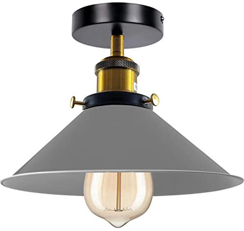 E27 Semi-Flush Mount Ceiling Lamp 22cm Grey Conical Lampshade Easy Fit Anti Rust Premium Quality Durable Metal Vintage Ceiling Lighting for Living Room, Bedroom, Dining Room, Kitchen EPC A+ Bulb