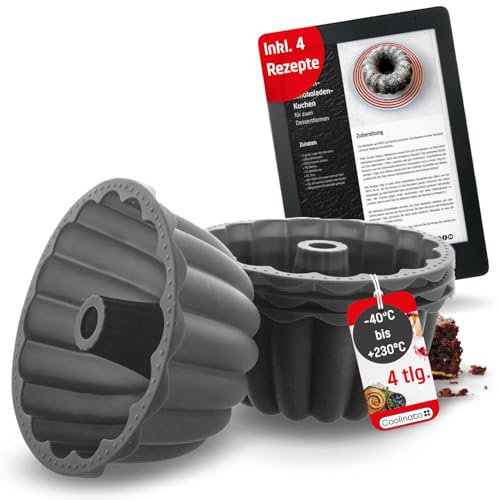 Coolinato - Silikon Backform Dessertform 500ml 4er Set Grau - Silikonformen für Pudding, Minikuchen & Desserts - Flexible Puddingform 16 cm backofenfest bis 230°C & antihaft inkl. tollen 4 Rezepten