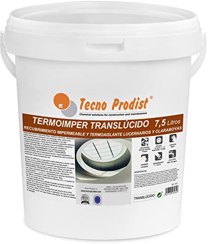 Tecno Prodist TERMOIMPER TRANSLÚCIDO(7,5 Litros) Impermeabilizante traslúcido muy elástico, aislante térmico y reflexivo, especial claraboyas, lucernarios, ideal para cristal, fibra de vidrio, Pvc,etc