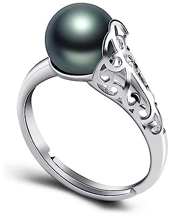 HETICA Schwarze Perlenringe für Damen, silberfarben, 8 mm, schwarze Perlenringe für Damen, verstellbarer offener Ring, Modeschmuck, Geschenk, Kupfer, Schwarze Perle