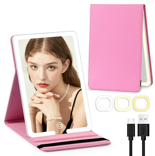 Jadazror Reisespiegel mit LED-Lichtern – 20,3 x 14 cm beleuchteter Make-up-Spiegel, 3 Farbmodi, tragbarer Kosmetikspiegel mit Licht aus PU-Leder, Schreibtisch-Kosmetikspiegel, Reisezubehör für Frauen