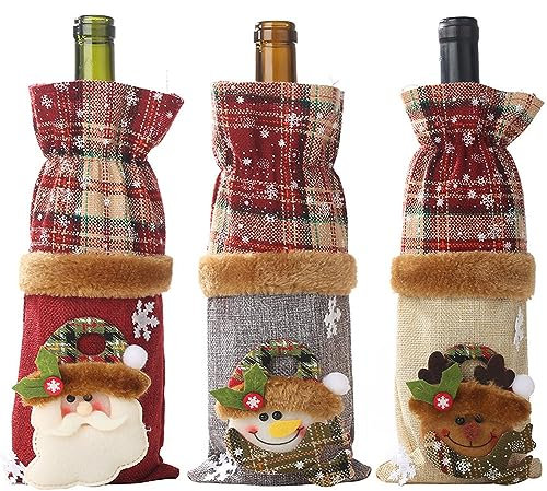 Aeetial Christmas Wine Bottle Bags with Drawstring Reusable Wine Bottle Gift Covers Xmas Santa Reindeer Snowman Wine Bottle Covers Gift Bags for Christmas Party Dining Table Decorations