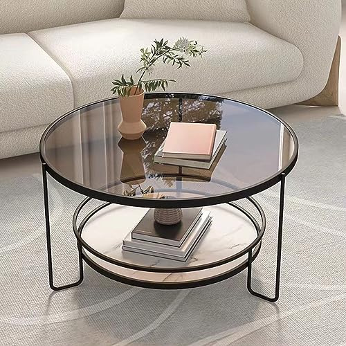 Runder Couchtisch aus gehärtetem Glas, 2-stöckiger Beistelltisch mit Metallrahmen, moderner, platzsparender Mitteltisch für Wohnzimmer, Esszimmer, Wohnung (80 x 45 cm, Schwarz A)