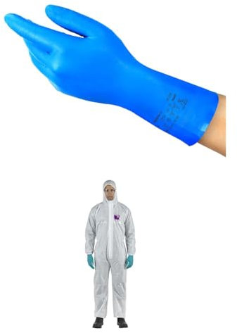 Ansell AlphaTec 37-310 Guantes de Nitrilo Reutilizables, Protección Química, Guantes de Trabajo, Azul, Talla L (12 Pares) +AlphaTec 1500 Model 138, Mono de Trabajo Desechable, Blanco, Talla XL