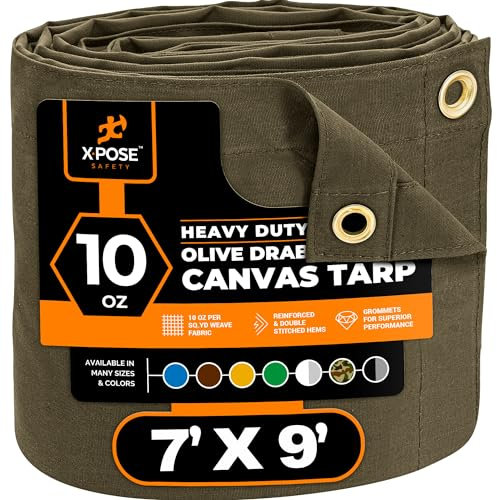 Xpose Safety Canvas Tarp - 10oz Olive Drab Canvas Tarps Heavy Duty Water Resistant with Brass Grommets- Multipurpose Outdoor Tarpaulin for Camping, Canopy, Trailer, Equipment Cover 7' x 9'