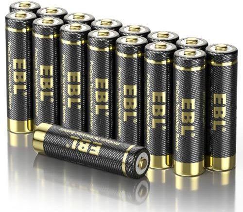 EBL 16PCS Piles Rechargeables AAA, AAA Piles Rechargeables Pro Ni-MH 1.2V Doré, Haute Capacité 1100mAh Plus Durable, et Large Compatibilité, Auto-décharge Faible
