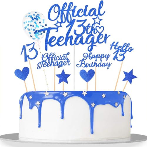 Catelves Glitzer Deko 13. Geburtstag Mädchen Teenager, 13 Geburtstag Jungen Mädchen, Official Teenager Mädchen Deko, Hello 13 Cupcake Toppers, Official 13th Birthday Cupcake Topper Blau
