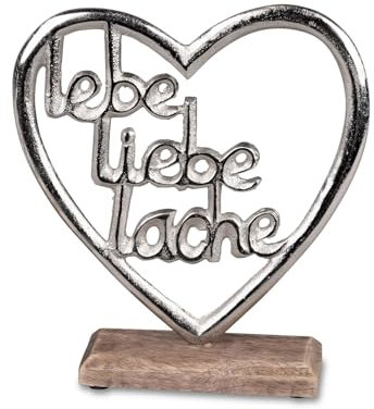 Geschenk-Himmel Schriftzug Lache Liebe Lebe in einem Herz aus Aluminium/Mango Holz Deko Aufsteller Tischdeko Dekoration (Herz ca. 20 cm)