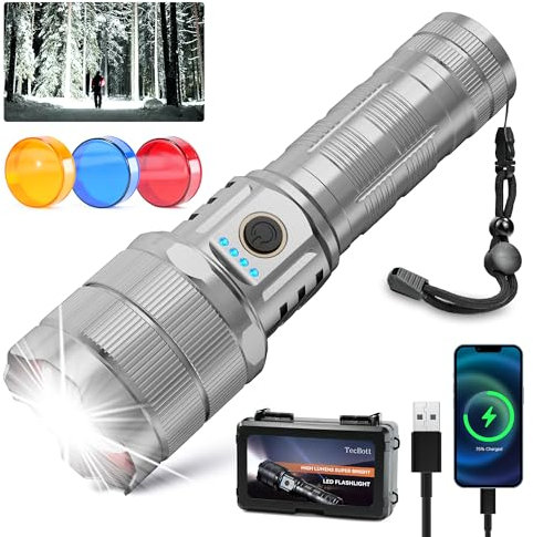 TECBOTT 900000 Linternas Led De Alto LúMenes Linterna Led Recargable 3 Modos Zoomable Carga RáPida Ipx6 Impermeable Flash Linterna Potente Luz De Mano Para Acampar Al Aire Librey Regalo Plata