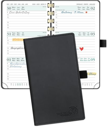 POPRUN Taschenkalender 2025 Klein 16,5 x 9 cm (Aug.2024-Dez.2025) - Kalender 2025 Klein Ringbuch mit Softcover - Terminplaner, Planer 1 Woche 2 Seite mit Kartenschlitz - Schwarz