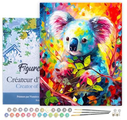 Figured'Art Peinture par Numéro Adulte avec Cadre Koala Coloré Abstrait - Activité Manuelle Kit de Loisir Créatif DIY Numéro d'Art Complet Animaux - 40x50cm toile tendue sur châssis