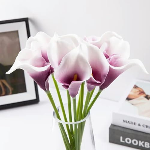 EboLD Künstliche Calla-Lilien-Blumen, weißer Hochzeitsstrauß für Braut, künstliche Blumen, fühlt sich echt an, für Zuhause, Hochzeit, Party, Dekoration, Lila, 5 Stück