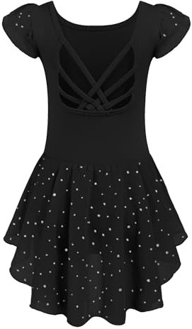 Arshiner Tanzkleid Mädchen Kurzarm Ballettkleid Rundhals Ballettkleidung Baumwolle Ballettanzug Schwarz Halloween Ballerina Kostüm Tanztrikot mit Chiffon Rock Tütü 160/9-10 Jahre