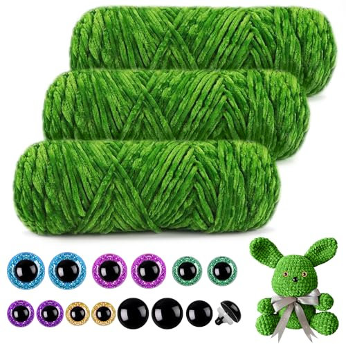 Mngevcy 3 x 150 m Chenille Wolle zum Häkeln, Flauschige Wolle, Weiche Chenille Garn mit Sicherheitsaugen für Stricken (Grün)