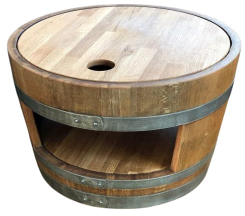 Fass-Schmiede Weinfass Couchtisch mit Holzdeckel mit Einlegeboden Beistelltisch Sofatisch (Geölt)