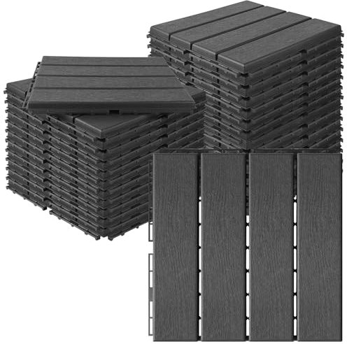 MYFAMIREA 27 Pcs Plastic Interlocking Deck Tiles 12 x 12 Patio Floor Decking Tiles Indoor Outdoor Waterproof Non-Slip Flooring Tiles All Weather Use for Balcony Backyard Porch Poolside, Dark Grey