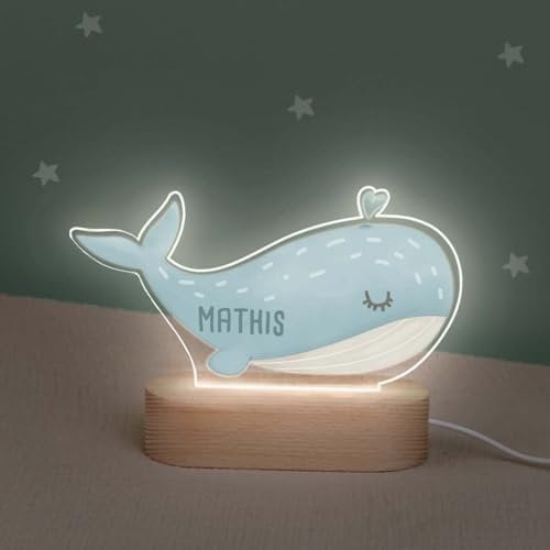 hellomini Personalisiertes Nachtlicht LED aus Acrylglas mit Holzsockel, Kinder Lampe mit USB Anschluss, Geschenk für Mädchen und Jungen, Schlummerlicht Wunschform, (Wal, mit USB-Stecker)