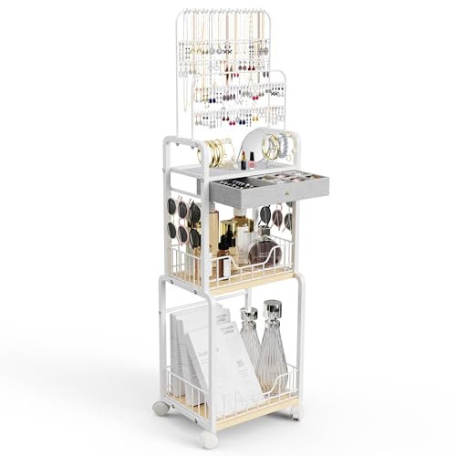 ACOSIY Schmuckständer-Organizer, großer Schmuckhalter mit Schmuckschatulle, Schublade, Schmuckschrank mit Rollen, Schmuckschrank für Ohrringe, Halsketten, Ringe (weiß)