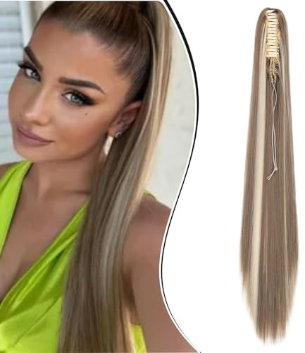 Dcbaboo Pferdeschwanz Haarteil Zopf Extension mit Klammer Glatt Lang Ponytail Extensions Haarverlängerung Clip Synthetik Gerade Pferdeschwanz Haarextension Zopf, 55cm Aschblond & Gebleichtes Blond