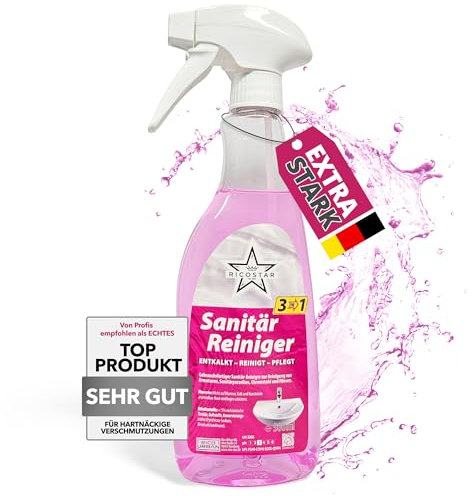 Ricostar Sanitärreiniger 500 ml – 3in1 Badreiniger für hygienische Sauberkeit – Kalkreiniger ideal für Sanitärporzellan, Amaturen, Chromstahl & Fliesen – Badreiniger-Spray gegen Kalk & Schmutz