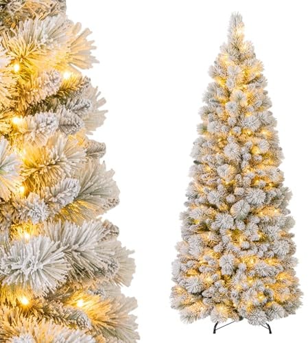 RELAX4LIFE 180 cm Pop-Up Weihnachtsbaum mit Beleuchtung, Künstlicher Tannenbaum mit Schnee & 170 warmweißen LEDs & 517 Zweigspitzen aus PVC, Metallständer, beflockter Christbaum für Zuhause & Büro