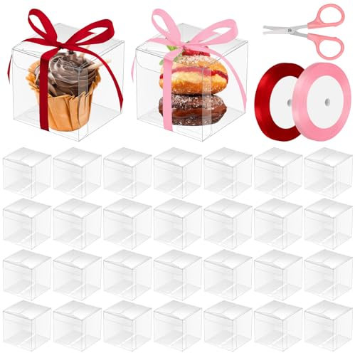 Mardatt 30Pcs 2.8x2.8x2.8in Clear Favor Boxes with Ribbons Scissor, Plastic Clear Boxes for Favors Transparent Cube Gift Boxes, Cupcake Boxes, Candy Boxes, Party Favor Boxes for Birthday Wedding