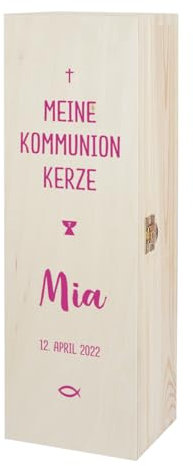 Herz & Heim® Kerzenaufbewahrung aus Holz mit Personalisierung (Kommunion, Rosa)
