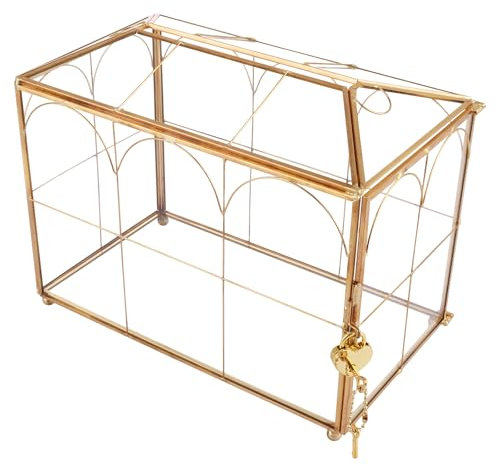 LOLYSIC Boîte à cartes en verre avec fente et serrure pour mariage, réception de fête, souvenir, don, terrarium en verre géométrique décoratif, boîte cadeau, 26 x 14,5 x 21,3 cm, doré