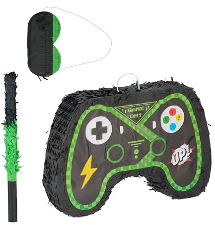 Relaxdays Pinata Set, 3-TLG., Controller, zum Aufhängen, Kinder, Mädchen und Jungs, mit Stab & Maske, unbefüllt, bunt