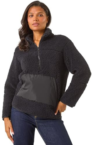 Roman Funnel Neck Half Zip Fleece Jacket for Women UK - Ladies Autumn Everyday Winter Holiday Long Sleeve Soft Pouch Pocket Comfy Fluffy Coat Office Desk Pullovers - Black - Size 20