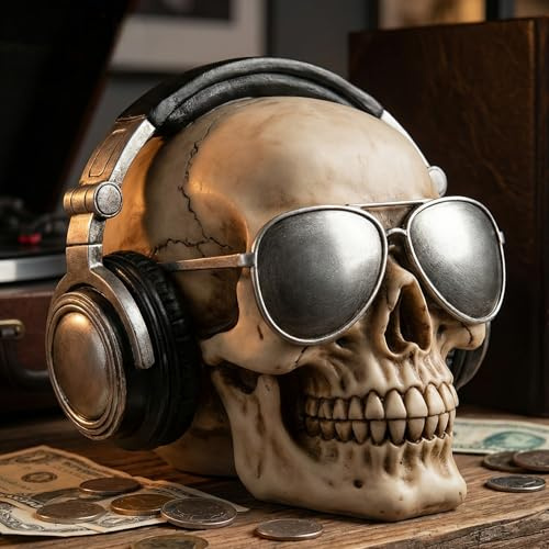 MIJOMA Spardose im Totenkopf-Design – Handbemalte Schädel-Spardose aus Polyresin mit Sicherheits-Schloss – Stilvolle Aufbewahrung für Ersparnisse (mit Kopfhörer & Sonnenbrille)