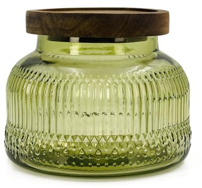 Bocal décoratif en verre vert avec couvercle hermétique en bois - 750 ml - Large ouverture - Style vintage - Pour biscuits, bonbons, miel, farine, épices, café, thé, décoration d'intérieur