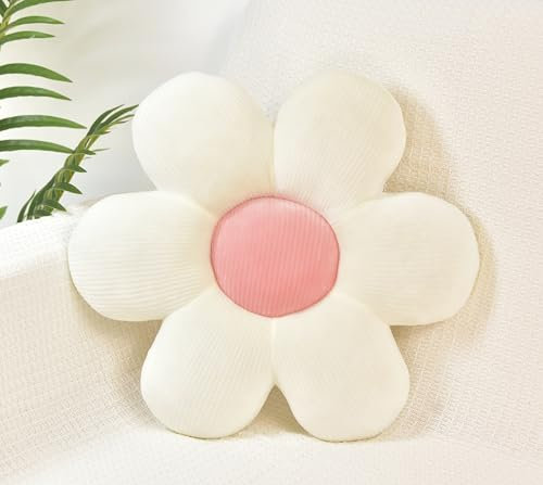 FSRONGXI Blumenkissen Decor, weiße Zierkissen, Niedliche Bodenkissen, Ästhetisches Preppy-Zimmerdeko-Kissen für Bett, Sofa, Stuhl 38cm (Weiß und rosa)