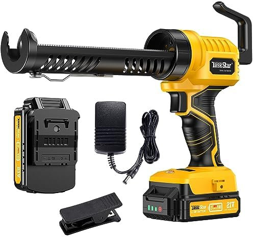 TaskStar Pistola Silicone a Batteria con 1 Batteria, Pistola Silicone Elettrica con Luce a LED, 5 Velocità Regolabili, Pistola a Cartuccia da 300 ml per Riempimento (Giallo)