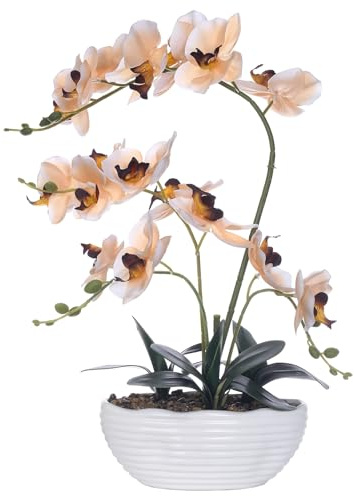 Large Silk Orchid in Wave Pot 19 Phalaenopsis Plant for Table, Champagne | Lifelike Orchid Arrangement with 4 Stems and 14 Full Blooms, Wave-ribbed White Pot for Living Room Office Shelf Gifting