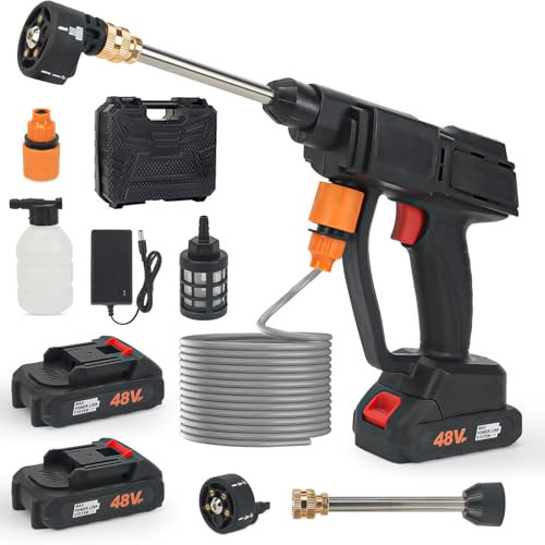 Idropulitrice senza fili, idropulitrice portatile da 21 V con 2 batterie, ugello regolabile 5 in 1, idropulitrice portatile senza fili per auto, giardino, pistola elettrica ad alta pressione con tubo