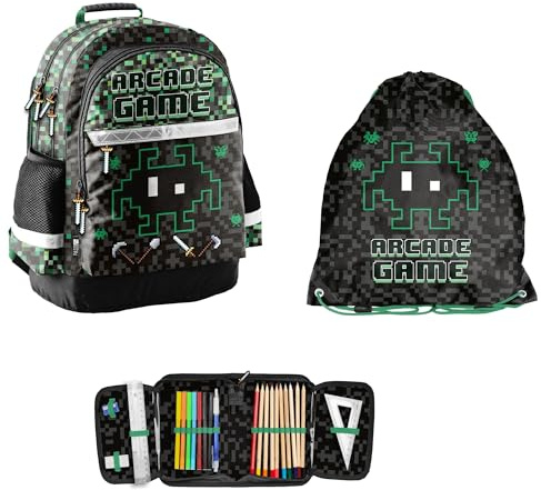 PASO 3-teiliges Schulset: Kinder Rucksack + Turnbeutel + befüllte Federmappe - Game - schwarz/grün