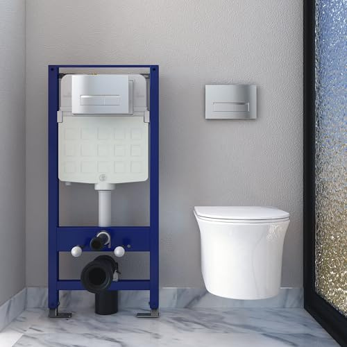 Round Rimless Wall Hung Toilet with 1.14M Concealed Cistern Frame Modern Bathroom Short Projection WC Pan UF Soft Close Seat White-36102