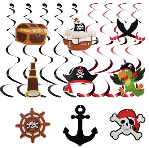 9 Stück Piraten Party Hängende Wirbel Deko Piraten Decken Wand Spirale Luftschlange Piraten Schädel, Papagei & Schätze, Ideal für Themenpartys wie Karibik, Nautik & Schatzsuche
