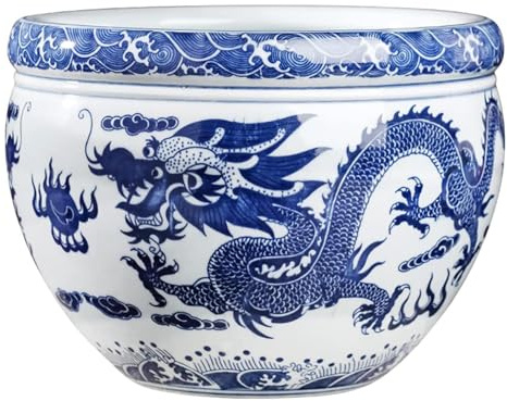 SAYEYBU Dragon Blue & White Porcelain Fishbowl Planter or Cachepot, for Indoor/Outdoor Use in Garden Entryway Living Room, Contemporary Classic Traditional Style Decor
