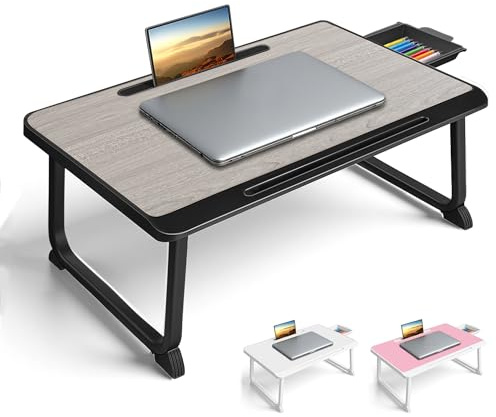 Planche de lit, Table de lit avec tiroir, pour Ordinateur Portable, Lecture, Écriture, Repas et Regarder des Films sur Le Lit, Canapé ou au Sol, Bureau et Maison (Grey)