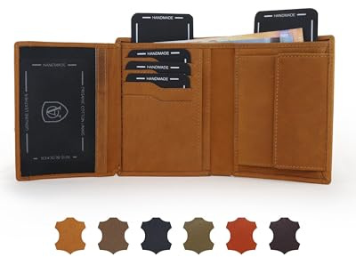 AKAROA – Trifold Geldbörse Herren echtes Rindsleder Harry – Portmonee Herren 9,5x11,5cm mit 15 Kartenfächern & Münzfach mit Druckknopf – Geldbeutel im Hochformat mit RFID Schutz – Vintage Tan