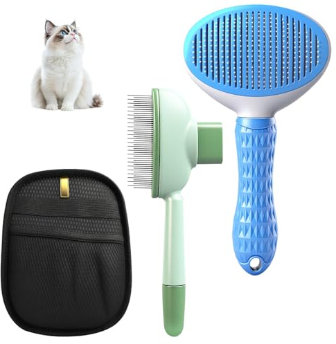 Jomdjmskes 3 Pcs Katzenbürste, Haustier Hundebürste, Hautfreundliche Katzenhaarbürste, Flohkamm für Katzen, Antistatischer Doppelseitige Handschuh, Sauberes Haustierhaar von der Bürste mit Einem Knopf