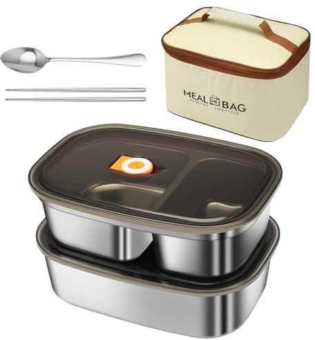 AWAOVV 2er Edelstahl Brotdose, 1.2L & 1.7L Lunchbox Erwachsene mit, Essstäbchen und Thermotasche, Bento Box Edelstahl Snackbox, Brotzeitbox mit Fächern für Schule und Arbeit