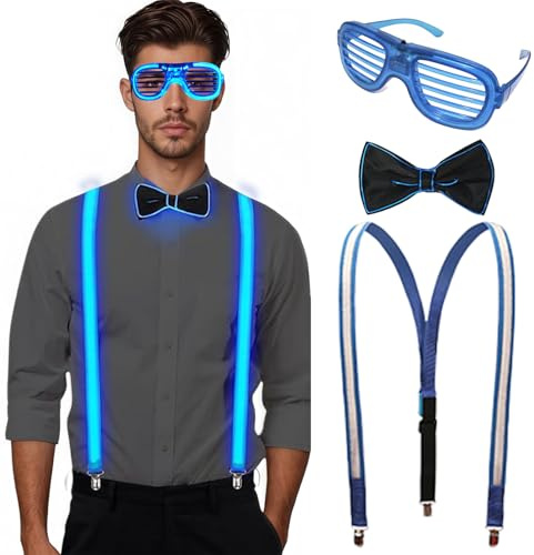 Calenxy Leuchtende Herren-Hosenträger Fliege Brille 3 Stück, Verstellbare Hosenträger, Batteriebetrieben 3 LED-Modi Rave Outfit perfekt Für Weihnachten Halloween-Kostümparty Musik Festival Maskerade